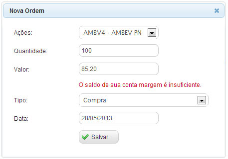 O saldo de sua conta margem é insuficiente